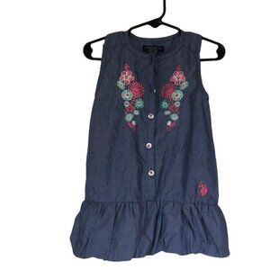 U.S. Polo Assn Girls 4T Sleeveless Dress Blue Floral Embroidery bubble hem